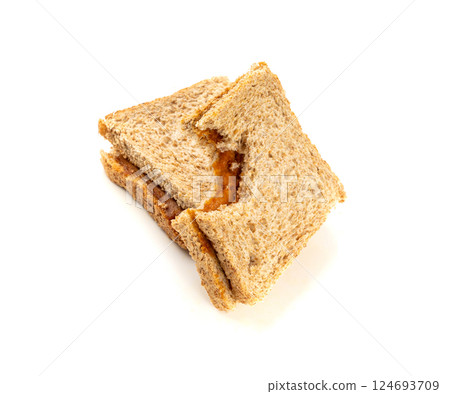 Bitten dried pate sandwich isolated, low-quality food leftovers, bad quality toast bread lunch Bitten dried pate sandwich isolated, low-quality food leftovers, bad quality toast bread lunch 124693709