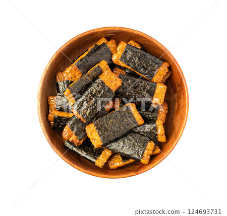 Senbei isolated, kaki no tane rice crackers, japanese crispy snack, sembei, okaki with wasabi, nori Senbei isolated, kaki no tane rice crackers, japanese crispy snack, sembei, okaki with wasabi, nori 124693731
