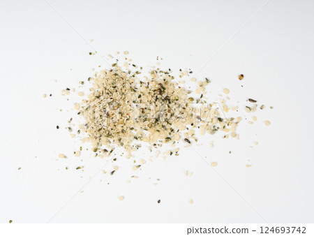 Shelled hemp seeds pile isolated, peeled cannabis grains, marijuana kernels without peel Shelled hemp seeds pile isolated, peeled cannabis grains, marijuana kernels without peel 124693742