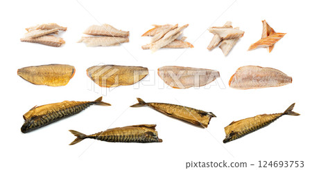 Cold Hot Smoke Mackerel Isolated on White Background Close Up Cold Hot Smoke Mackerel Isolated on White Background Close Up 124693753