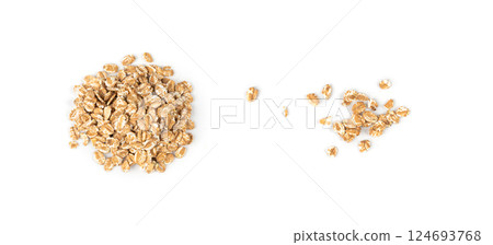 Spelt flakes isolated, dry raw rolled flat oat grains, wheat, oatmeal or bran, barley rye cereals Spelt flakes isolated, dry raw rolled flat oat grains, wheat, oatmeal or bran, barley rye cereals 124693768