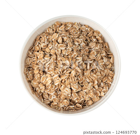Spelt flakes isolated, dry raw rolled flat oat grains, wheat, oatmeal or bran, barley rye cereals Spelt flakes isolated, dry raw rolled flat oat grains, wheat, oatmeal or bran, barley rye cereals 124693770