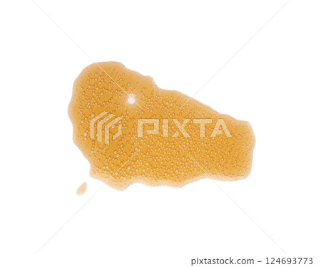 Spilled soda isolated, soft drink puddle, liquid stain, beer splatter, brown sparkling water with bubbles 124693773