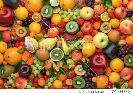 Fresh fruits as background. Top view of natural fruits, full screen image 124693870