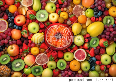 Fresh fruits as background. Top view of natural fruits, full screen image 124693871
