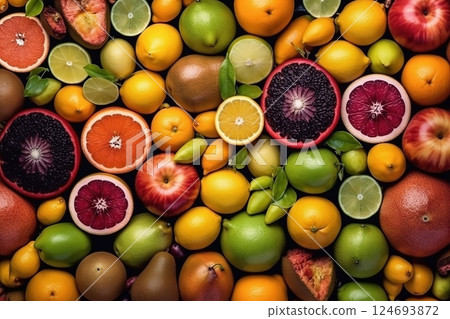 Fresh fruits as background. Top view of natural fruits, full screen image 124693872