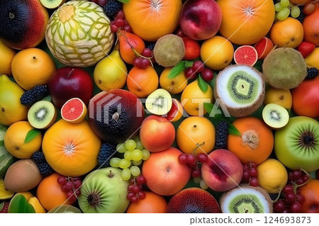 Fresh tropical fruits as background. Top view of natural fruits, full screen image 124693873