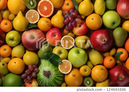 Fresh tropical fruits as background. Top view of natural fruits, full screen image Fresh tropical fruits as background. Top view of natural fruits, full screen image 124693886