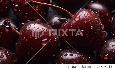 Close-up of cherries with water drops on dark background. Fruit wallpaper 124693911