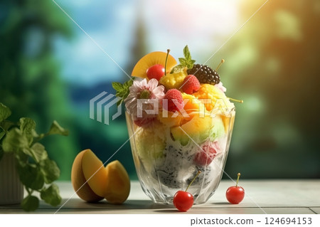 Ice cream decorated with fruits on the summer background 124694153