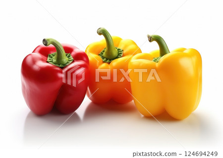 Bell peppers yellow and red on white background. Fresh vegetables. Healthy food concept 124694249