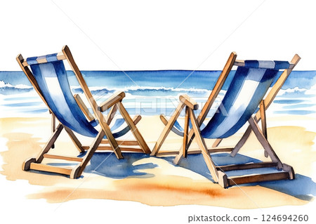 Watercolor sun loungers on the beach, vacation illustration Watercolor sun loungers on the beach, vacation illustration 124694260