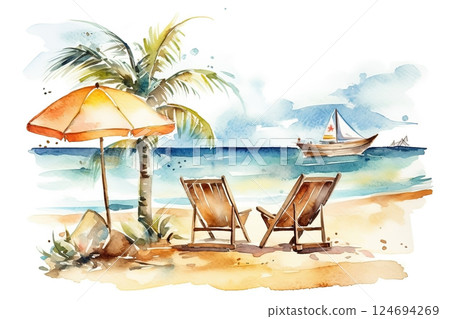 Watercolor sun loungers with umbrella on the beach illustration Watercolor sun loungers with umbrella on the beach illustration 124694269