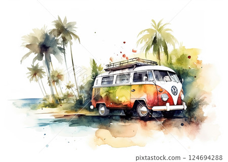 Watercolor hippie bus on the beach with palms, travel illustration Watercolor hippie bus on the beach with palms, travel illustration 124694288