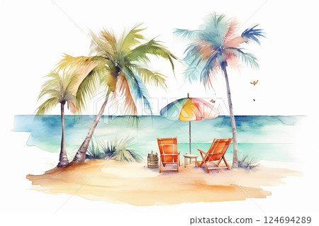 Watercolor sun loungers with umbrella on the beach illustration Watercolor sun loungers with umbrella on the beach illustration 124694289