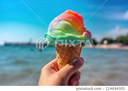 Hand holding ice cream on the background of the beach 124694305