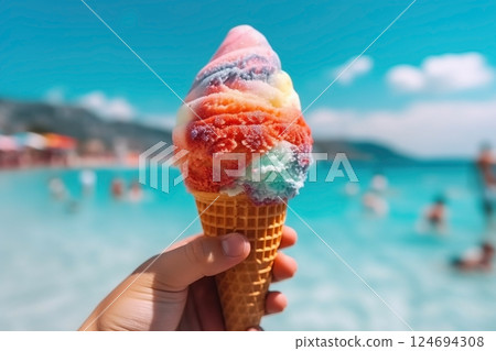 Hand holding ice cream on the background of the beach 124694308