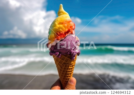 Hand holding ice cream on the background of the beach 124694312