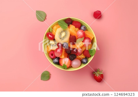 Plate with fruit salad top view with free space 124694323
