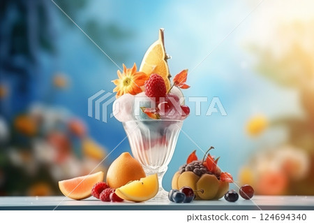 Ice cream decorated with fruits and flowers on the summer background 124694340