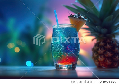 Fresh juice cocktail on the table against beach background 124694359
