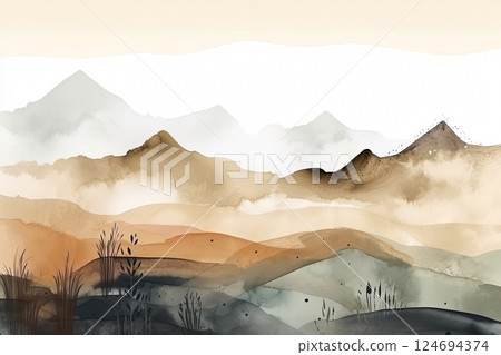 Watercolor neutral minimalist mountains landscape illustration 124694374
