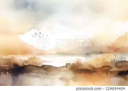 Watercolor neutral minimalist landscape illustration. Invitation, banner, card background Watercolor neutral minimalist landscape illustration. Invitation, banner, card background 124694404