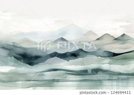 Watercolor neutral minimalist landscape illustration. Invitation, banner, card background 124694411