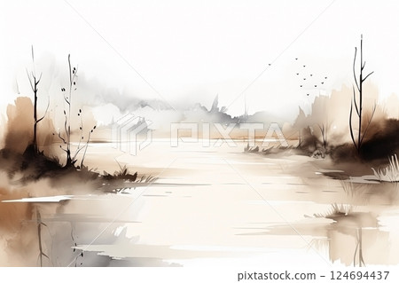 Watercolor neutral minimalist landscape illustration 124694437