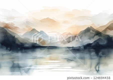 Watercolor neutral minimalist mountains and water landscape illustration 124694438