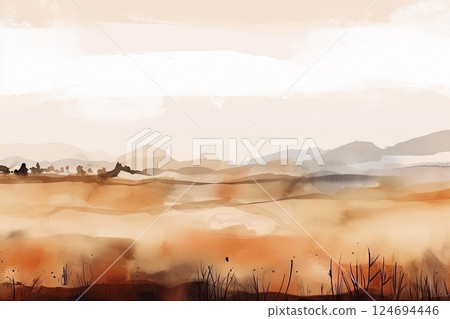 Watercolor neutral minimalist landscape illustration. Invitation, banner, card background 124694446