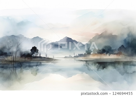 Watercolor neutral minimalist mountains and water landscape illustration Watercolor neutral minimalist mountains and water landscape illustration 124694455