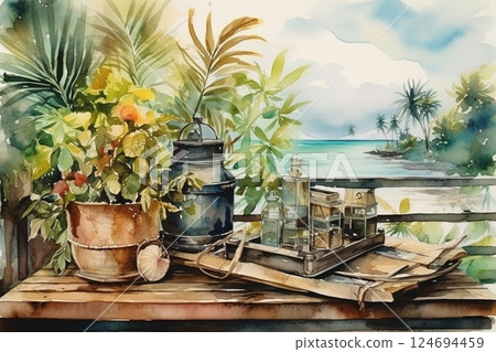 Watercolor plants in pots and carafe with water, beach background. Vacation illustration 124694459