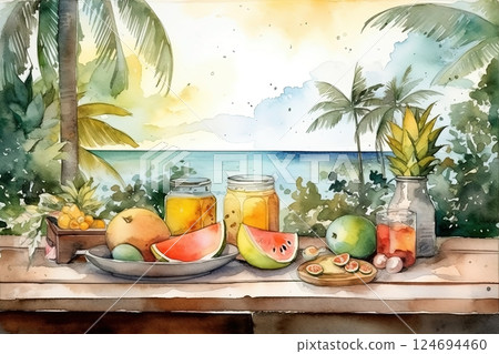 Watercolor tropical fruits and juice, beach background. Vacation illustration Watercolor tropical fruits and juice, beach background. Vacation illustration 124694460