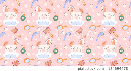 Cute seamless drawing with poodle dogs, foam, soap bubbles, pet beauty salon concept, cosmetic accessories for dogs. Background for a pet care salon. Packaging, textiles, clothing. Vector illustration Cute seamless drawing with poodle dogs, foam, soap bubbles, pet beauty salon concept, cosmetic accessories for dogs. Background for a pet care salon. Packaging, textiles, clothing. Vector illustration 124694478