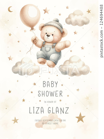 Cute baby shower watercolor invitation card for new born celebration. With plush teddy bear with balloon around clouds and stars. 124694488