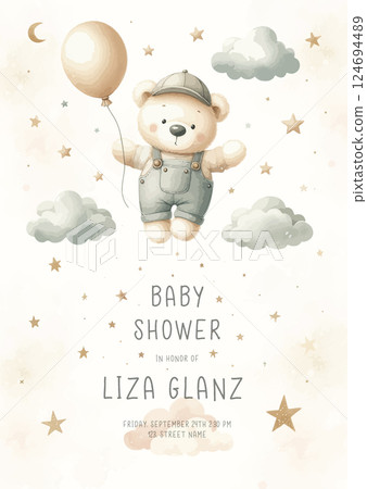Cute baby shower watercolor invitation card for new born celebration. With plush teddy bear with balloon around clouds and stars. 124694489