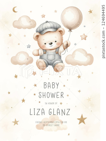 Cute baby shower watercolor invitation card for new born celebration. With plush teddy bear with balloon around clouds and stars. 124694495