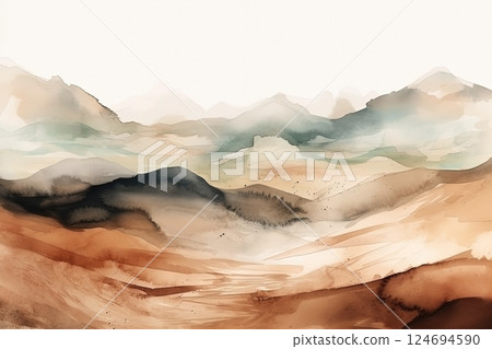 Watercolor neutral tones minimalist mountains landscape illustration 124694590