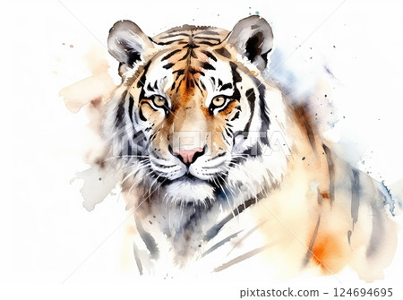 Watercolor tiger portrait illustration on white background 124694695
