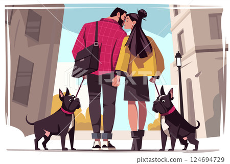 Charming vector illustration of a couple walking two French bulldogs, capturing a joyful moment of companionship. Perfect for pet-related themes, lifestyle content, and family-oriented projects. Charming vector illustration of a couple walking two French bulldogs, capturing a joyful moment of companionship. Perfect for pet-related themes, lifestyle content, and family-oriented projects. 124694729