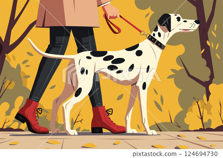 A vibrant vector illustration scene featuring a stylish person walking their elegant Dalmatian. Colorful leaves surround them, creating a warm and inviting atmosphere perfect for pet lovers. A vibrant vector illustration scene featuring a stylish person walking their elegant Dalmatian. Colorful leaves surround them, creating a warm and inviting atmosphere perfect for pet lovers. 124694730