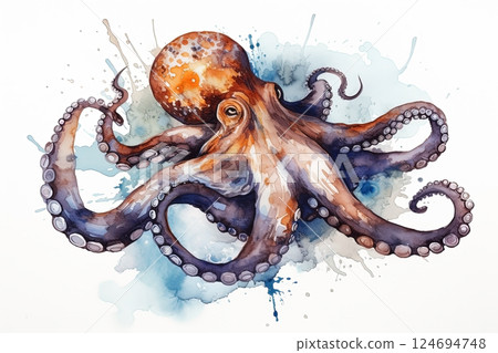 Watercolor octopus illustration on white background Watercolor octopus illustration on white background 124694748