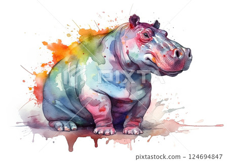 Watercolor hippo illustration on white background 124694847