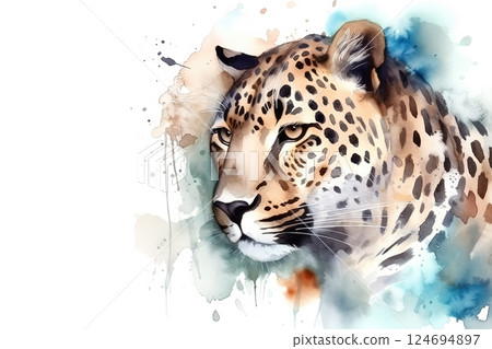 Watercolor leopard portrait illustration on white background 124694897