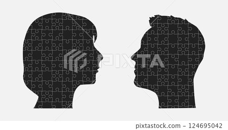 Head woman and man made puzzle pieces, education Head woman and man made puzzle pieces, education 124695042