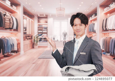 Male staff wearing a suit working at an apparel store 124695077