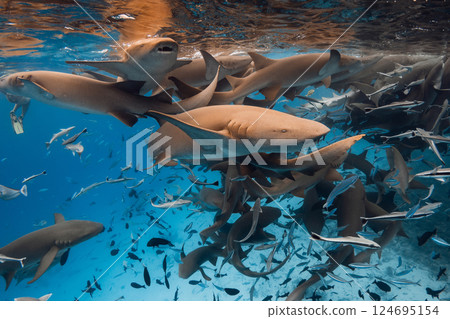 Group of nurse sharks underwater in blue ocean. Aquatic life Group of nurse sharks underwater in blue ocean. Aquatic life 124695154
