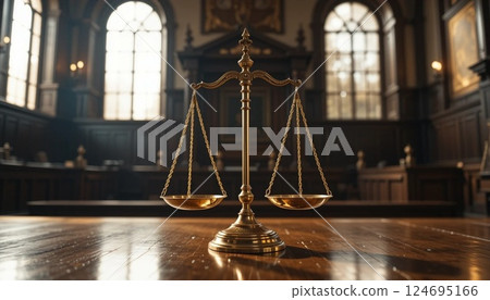 Golden Scales of Justice in Courthouse | Symbol of Law, Fairness, and Legal Authority. 124695166