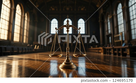 Golden Scales of Justice in Courthouse | Symbol of Law, Fairness, and Legal Authority. 124695170